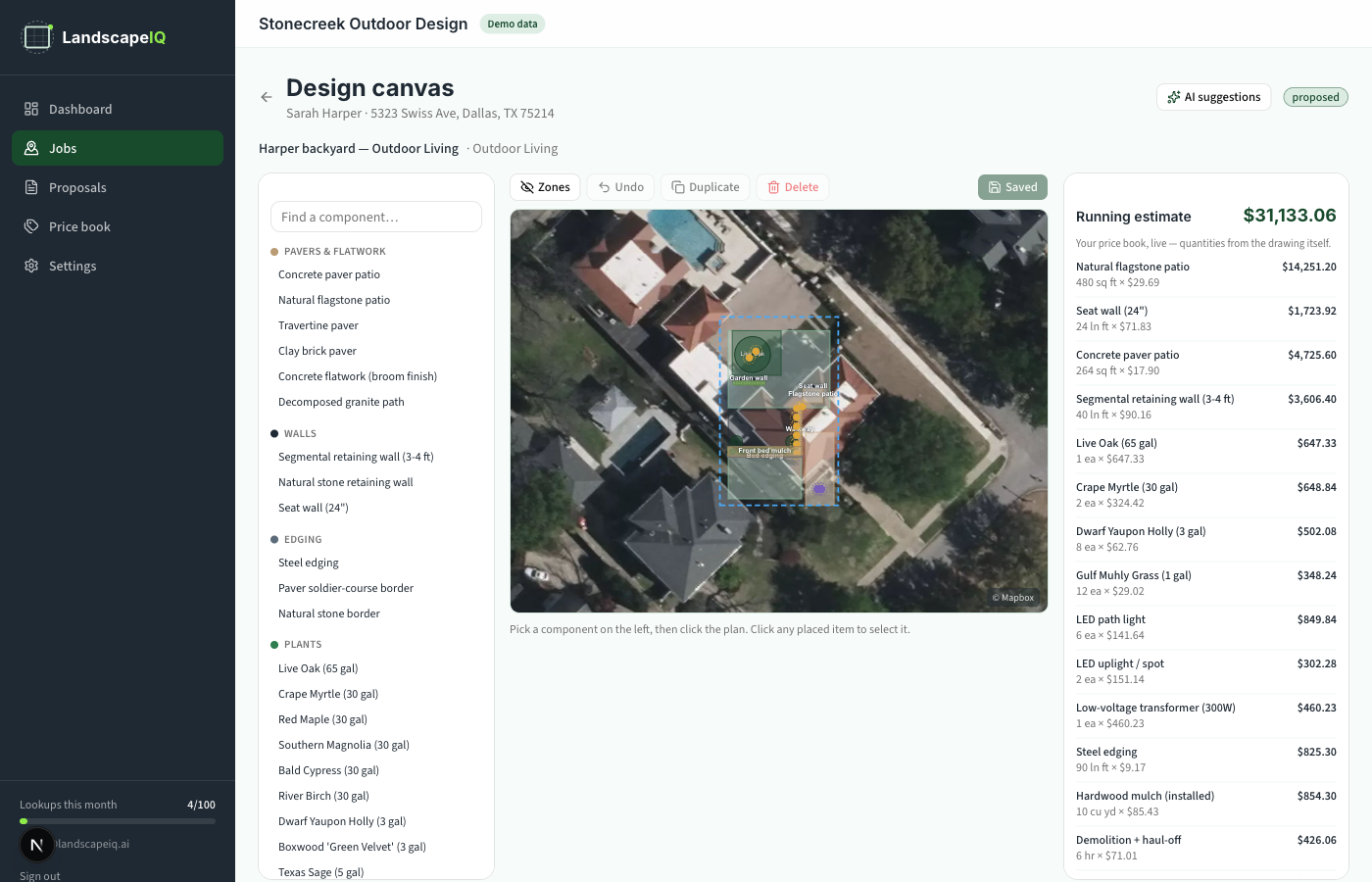 LandscapeIQ drag-and-drop design canvas over a satellite plan with a live itemized bill of materials