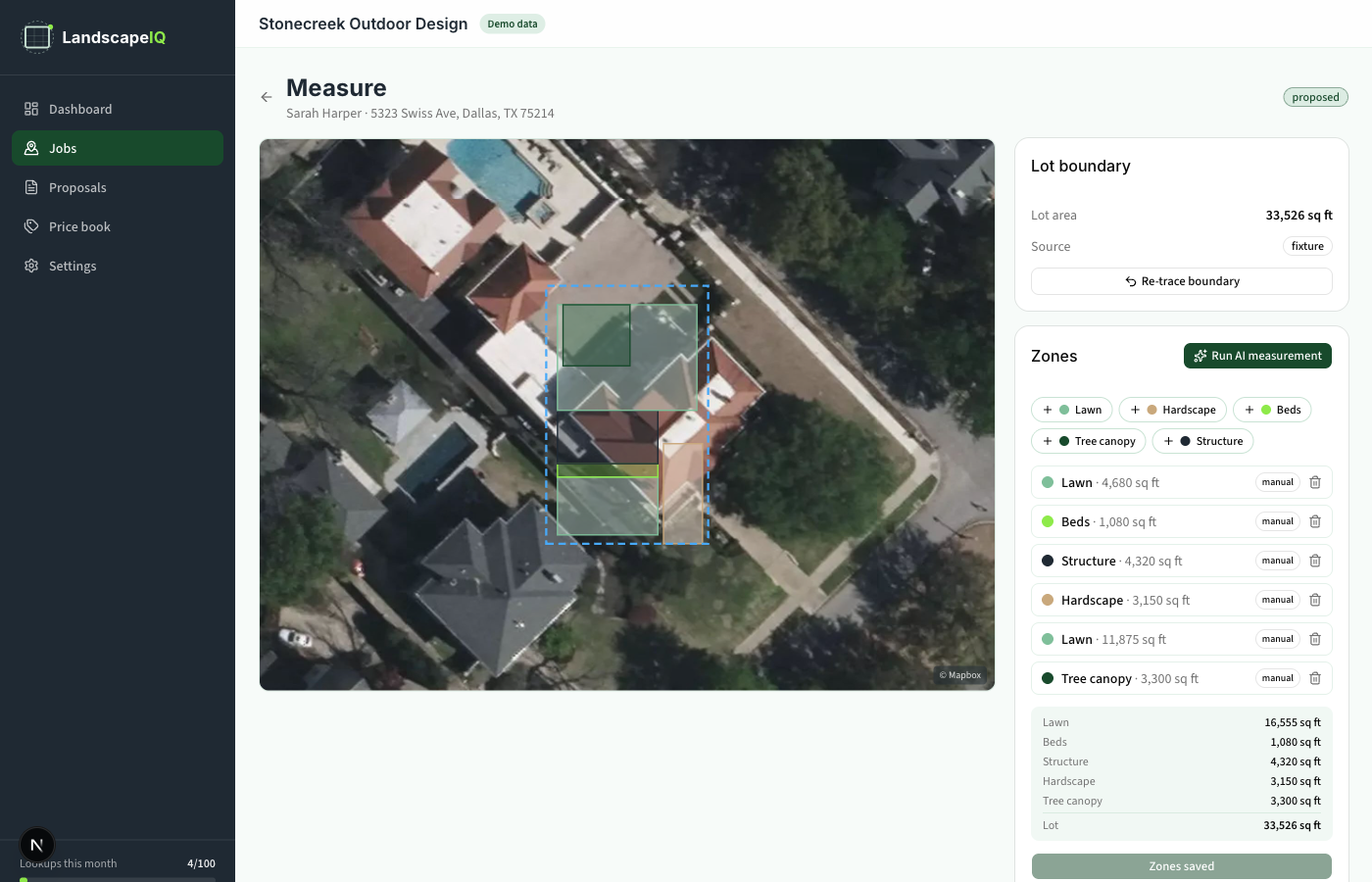 LandscapeIQ measuring a property from satellite imagery — lawn, hardscape, beds, and tree canopy mapped with square footage