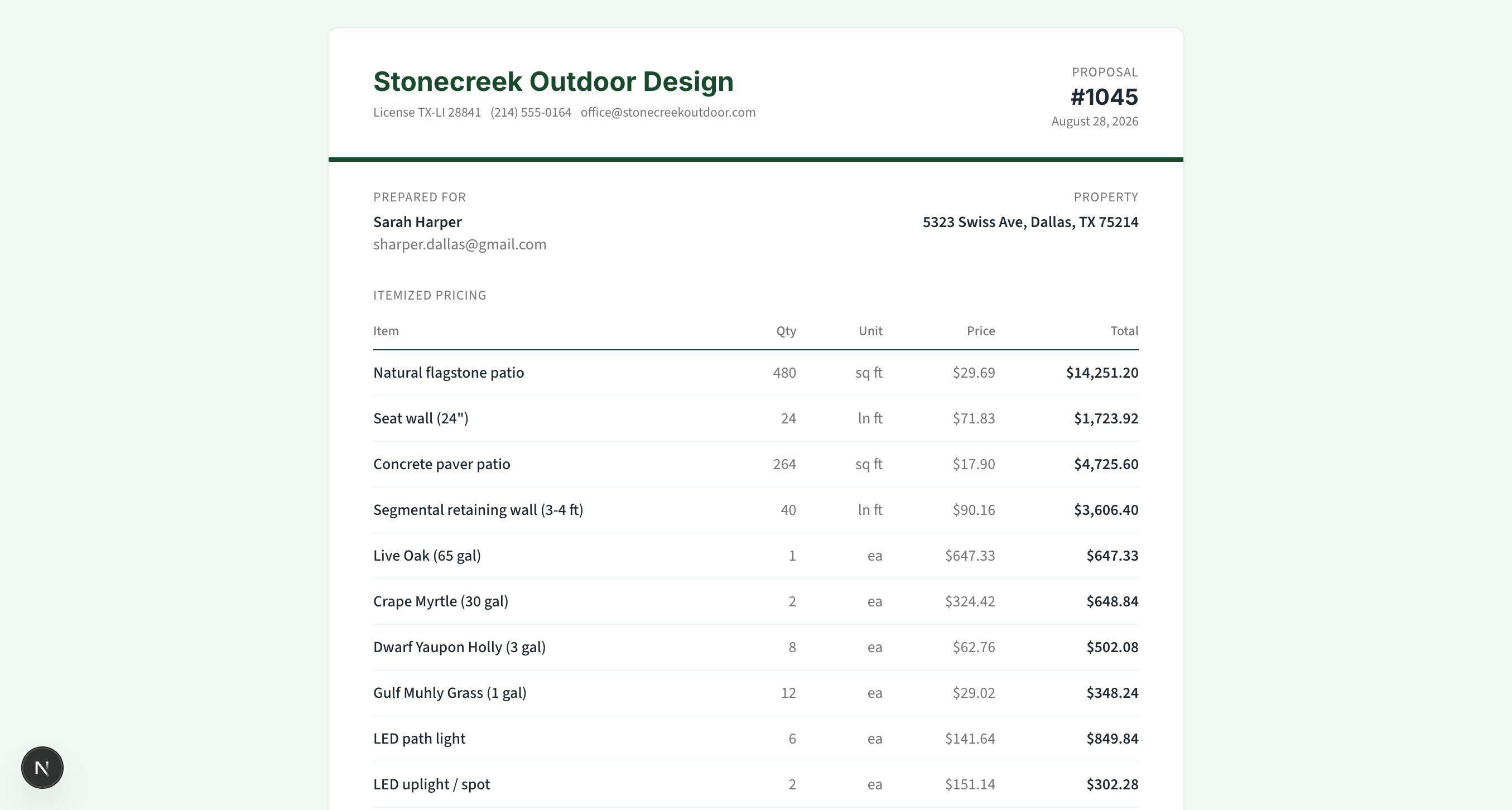A branded, itemized LandscapeIQ proposal a homeowner can review and sign on their phone